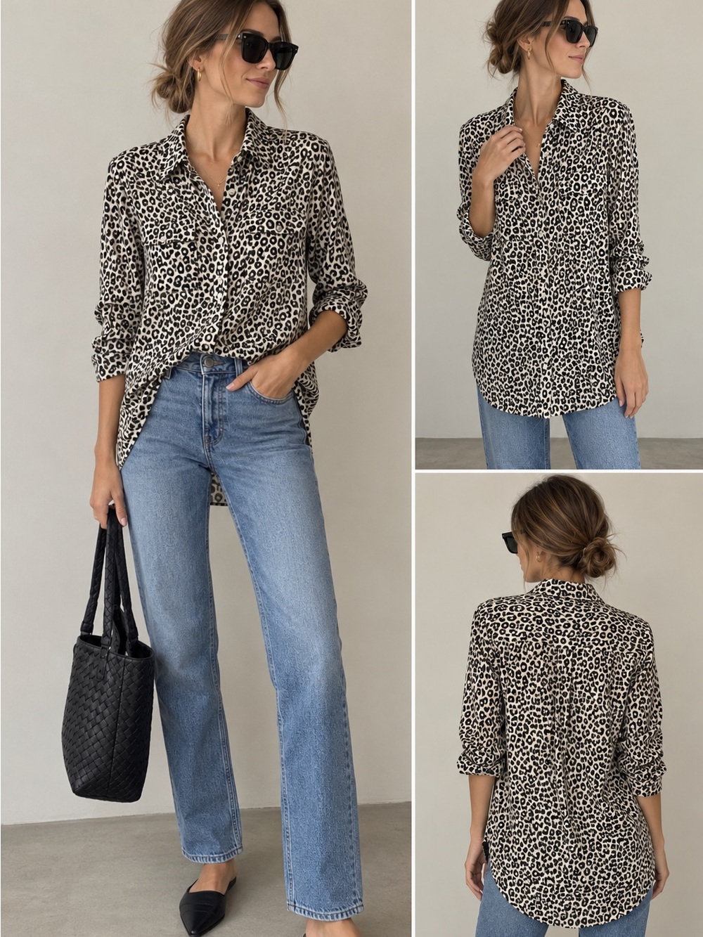 Something Navy Black and Cream leopard Animal Print Button-Down Shirt XXS
